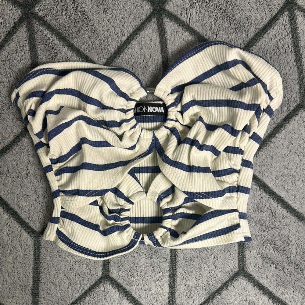 Fashion Nova Navy and Cream Striped Crop Top